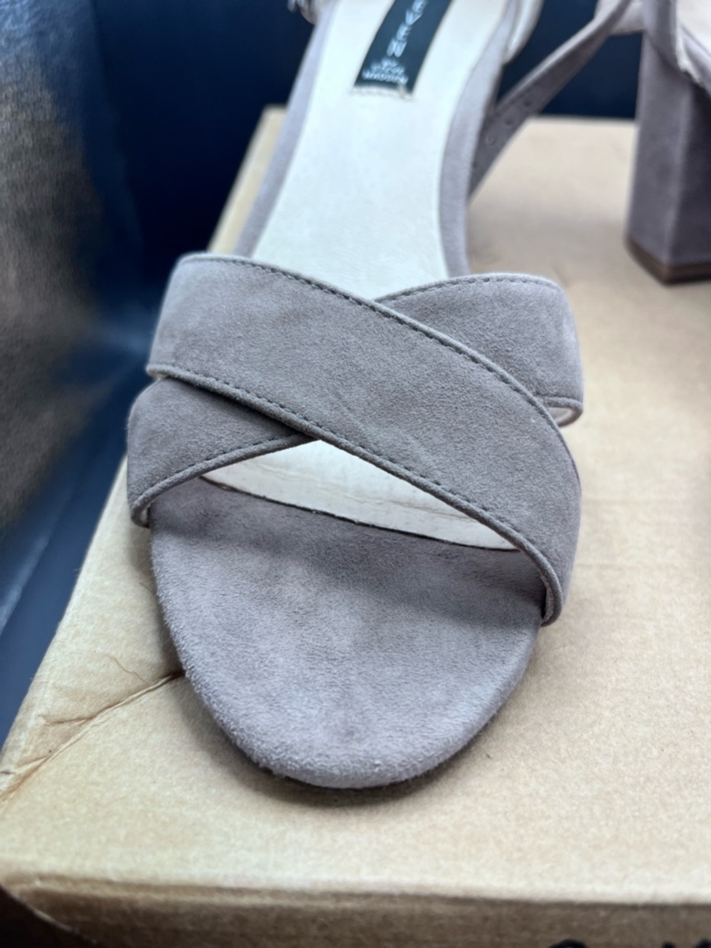 Steve Madden Taupe Suede Block Heel Sandals with Ankle Strap - Picture 2 of 6